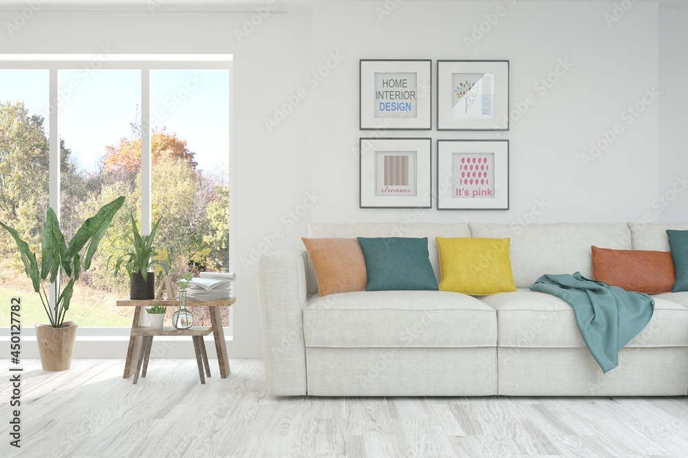 Stylish room in white color with sofa and autumn landscape in window. Scandinavian interior design. 3D illustration Stylish room in white color with sofa and autumn landscape in window. Scandinavian interior design. 3D illustration