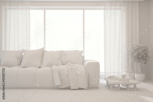 Mock up of stylish room in white color with sofa. Scandinavian interior design. 3D illustration