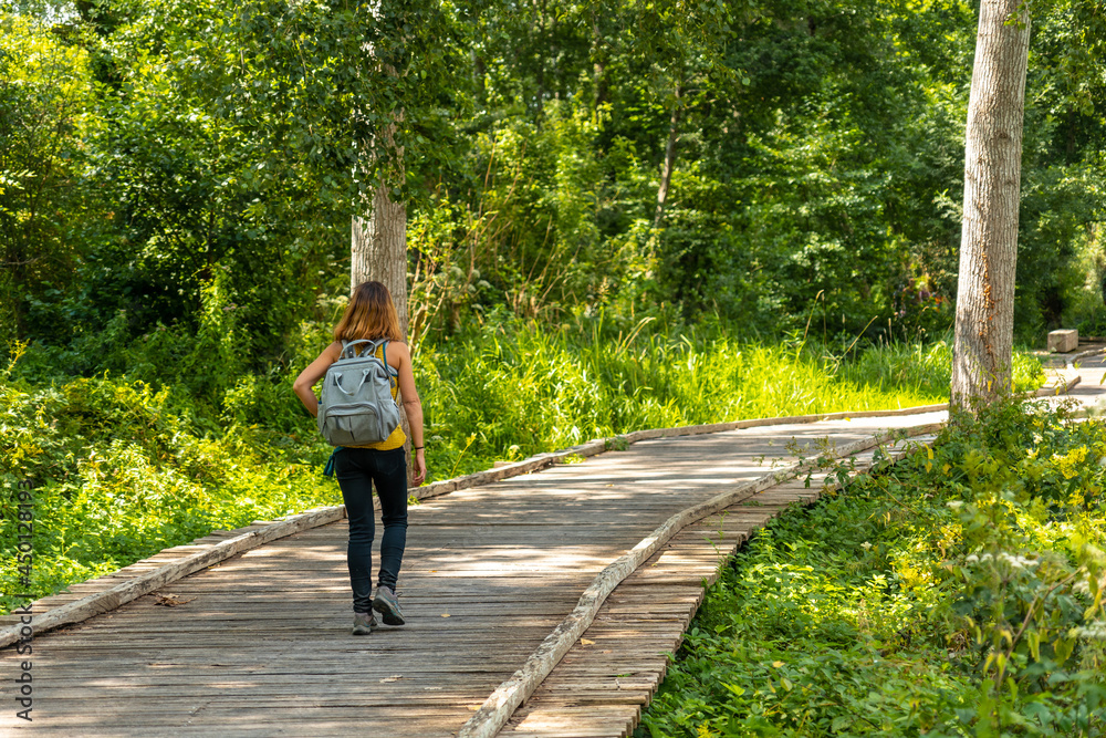 A young woman on the footpath along a footbridge between La Garette and Coulon, Marais Poitevin the Green Venice, near the town of Niort, France A young woman on the footpath along a footbridge between La Garette and Coulon, Marais Poitevin the Green Venice, near the town of Niort, France