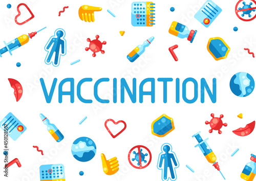 Vaccination concept background with vaccine icons. Immunization items. Health care and protection from virus.