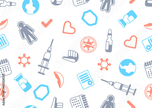 Vaccination seamless pattern with vaccine icons. Immunization items. Health care and protection from virus.