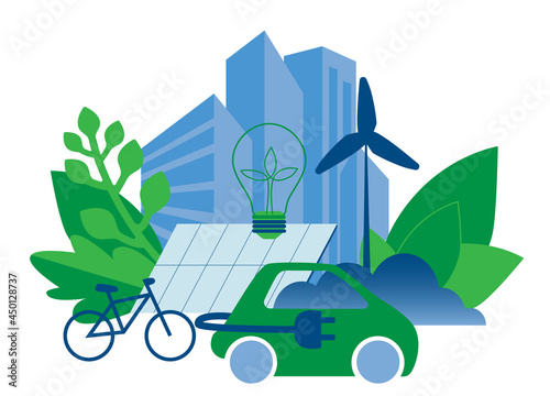Green city vector. Sustainable lifestyle and eletric car. Clean energy concept illustration.