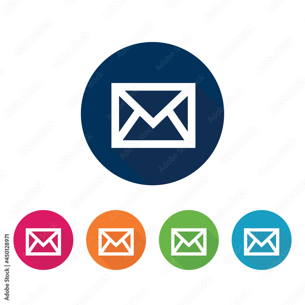 5 colored circles with email icon. 5 colored circles with email icon.