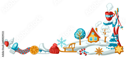 Winter seasonal background. Outdoor leisure and cute fun things. Merry Christmas holiday and vacation.