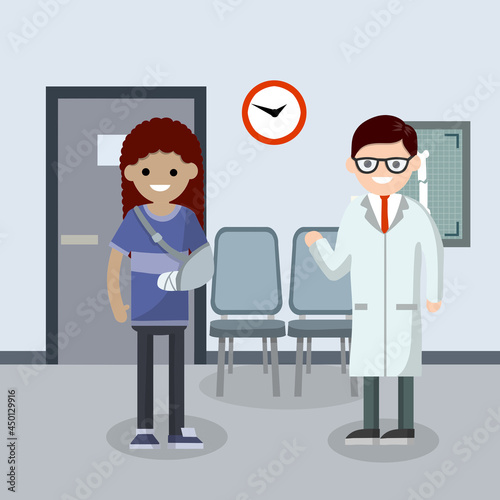 Woman with a broken arm in doctor office. X-ray hand. Female Patient and injury. The provision of medical care in hospital. Cartoon flat illustration