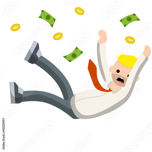 Falling down man in shirt and tie. Office problem. Employee dismissal. Collapse and bankruptcy. Money and crisis. Scared guy. Cartoon flat illustration. Work in Economics. Work in exchange. Gold coin