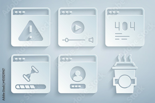 Set Create account screen, Page with 404 error, Loading data window, Coffee cup to go, Online play video and Browser exclamation mark icon. Vector