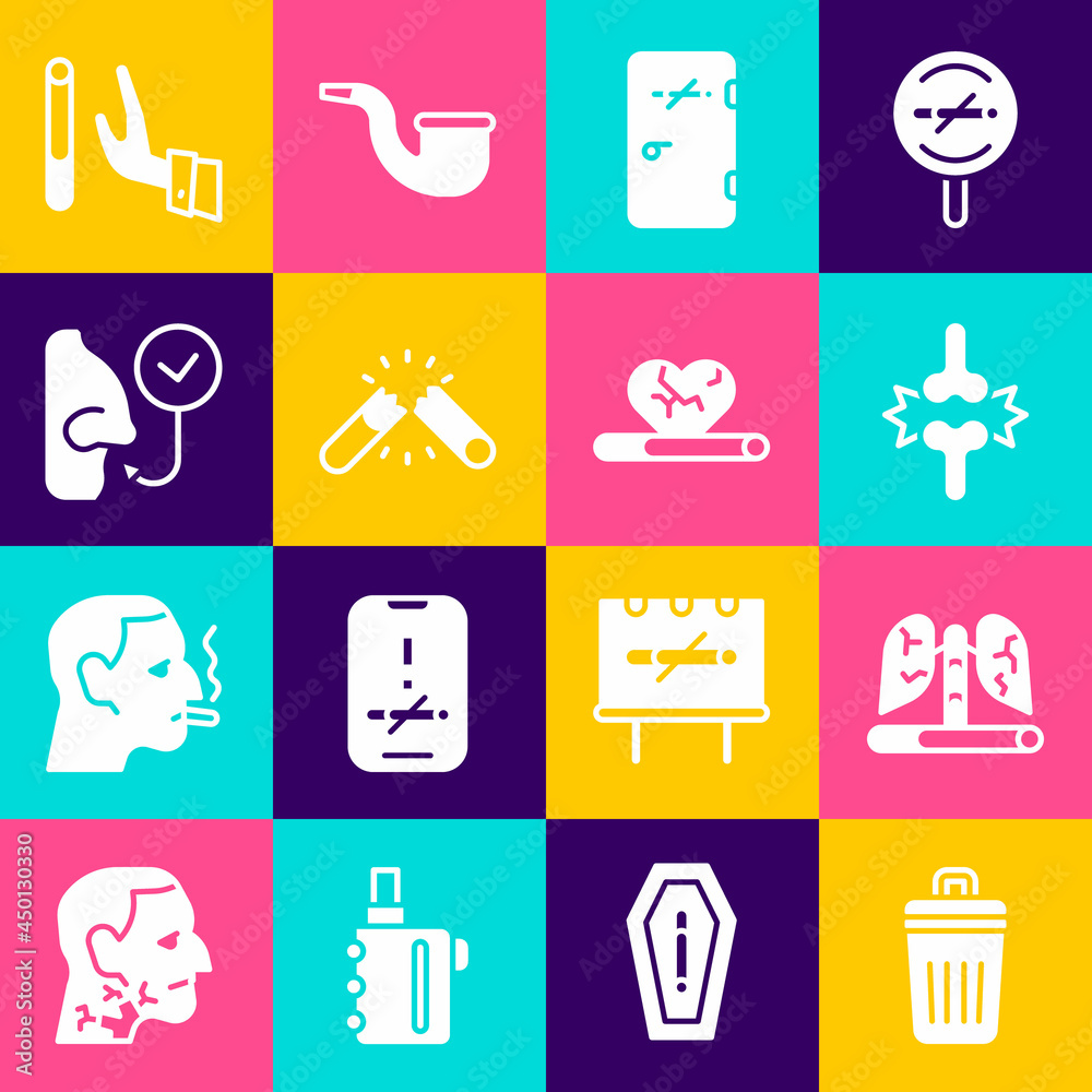 Set Trash can, Disease lungs, Joint pain, knee pain, No smoking area, Broken cigarette, Healthy breathing, Giving up and Heart disease with icon. Vector Set Trash can, Disease lungs, Joint pain, knee pain, No smoking area, Broken cigarette, Healthy breathing, Giving up and Heart disease with icon. Vector