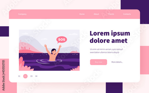 Child sinking in lake. Kid shouting, calling for help. Flat vector illustration. Children on beach, danger, warning, hazard concept for banner, website design or landing web page
