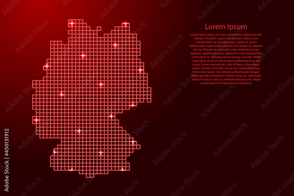Germany map silhouette from red mosaic structure squares and glowing stars. Vector illustration.