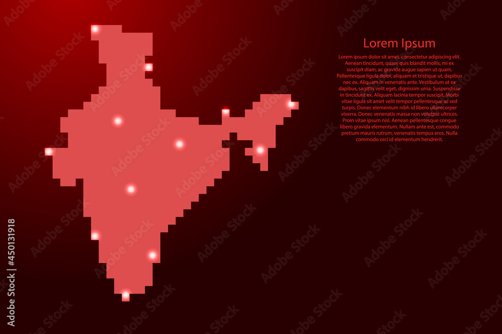 India map silhouette from red square pixels and glowing stars. Vector illustration.