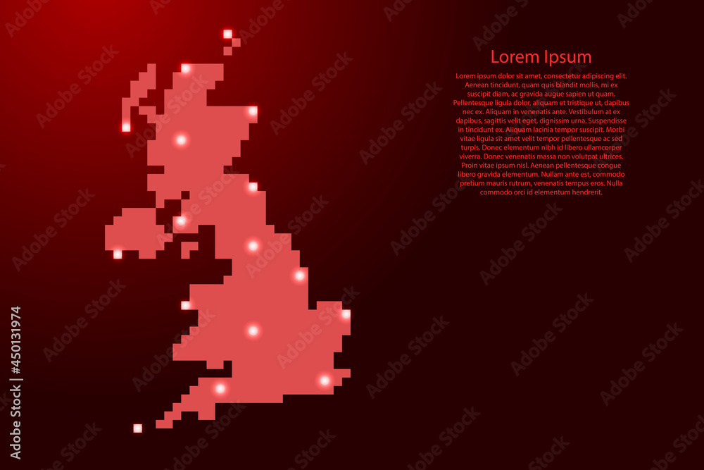 United Kingdom map silhouette from red square pixels and glowing stars. Vector illustration. United Kingdom map silhouette from red square pixels and glowing stars. Vector illustration.