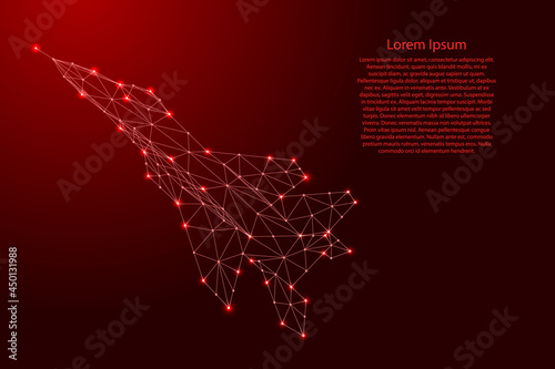 Fighter jet plane taking off, from futuristic polygonal red lines and glowing stars for banner, poster, greeting card. Vector illustration.