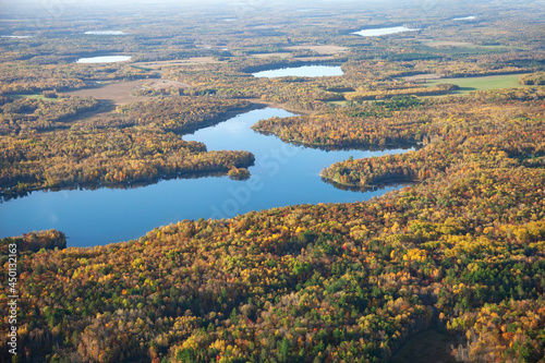 Aerial view of lakes and forest in autumn color near Brainerd, Minnesota