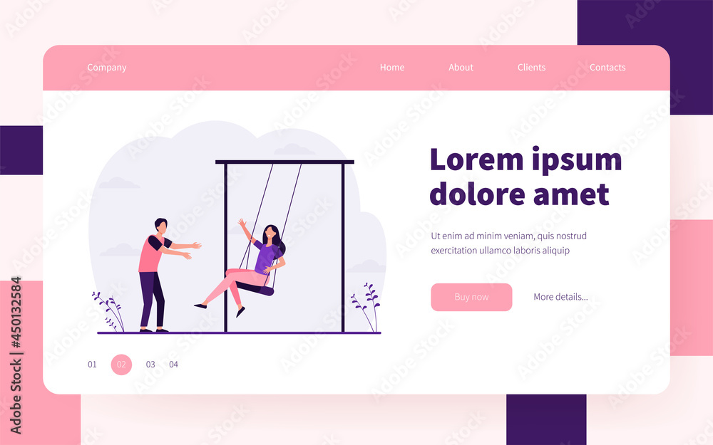 Happy young couple having fun on playground. Guy swinging girlfriend on swings. Flat vector illustration. Dating, leisure, romance concept for banner, website design or landing web page Happy young couple having fun on playground. Guy swinging girlfriend on swings. Flat vector illustration. Dating, leisure, romance concept for banner, website design or landing web page