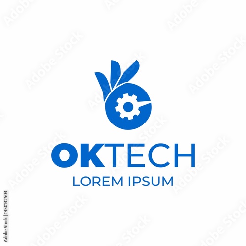 Ok tech vector logo template. Hand gear logotype. Hand okay and cogwheel in negative space. Technology logo idea.