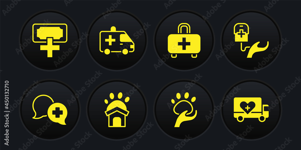 Set Dialogue with doctor, Blood donation, Animal shelter house, volunteer, First aid kit, Ambulance car, Humanitarian truck and Donation and charity icon. Vector Set Dialogue with doctor, Blood donation, Animal shelter house, volunteer, First aid kit, Ambulance car, Humanitarian truck and Donation and charity icon. Vector
