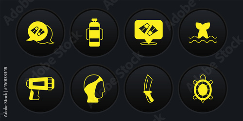 Set Flashlight for diver, Whale tail, Diving hood, knife, Flippers swimming, Aqualung, Turtle and icon. Vector