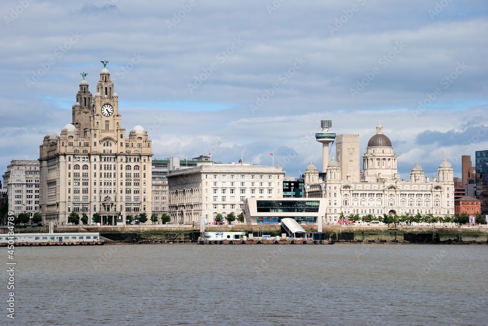 The Pier Head (or George's Pier Head) riverside location in the city center of Liverpool, England with 