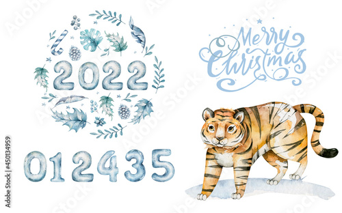 Seamless pattern with exotic animals.Cute tigers. Nature jungle pattern. Childish style.Symbol of 2022. Hand drawn watercolor illustration