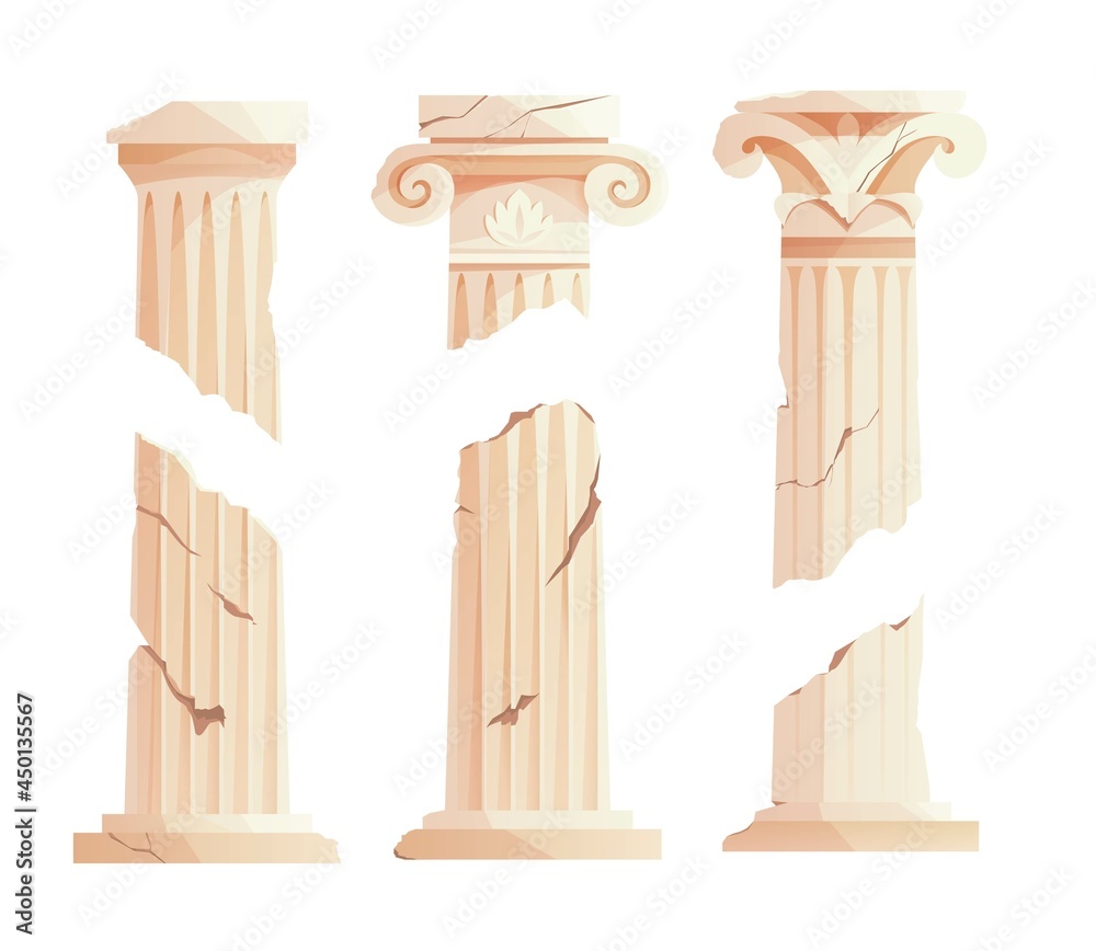 Antique broken Greek columns. Ancient Roman pillar. Building design