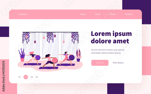 Pregnant women doing exercises with big ball. Gym, yoga, maternity flat vector illustration. Healthcare and sport activity concept for banner, website design or landing web page