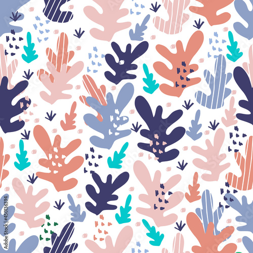 Modern vector seamless pattern in pastel colors. Abstract background with trendy shapes. Vector illustration.