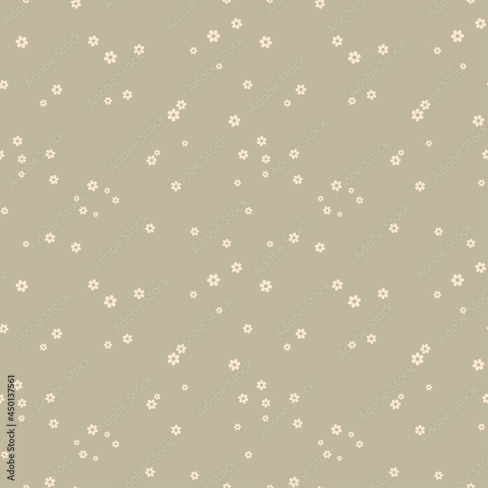 Little flowers chaos seamless pattern. Polka dot background in mustard and beige shades. Small blossom snowflakes