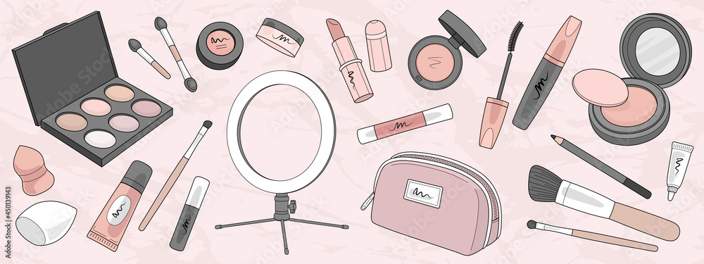 Set of make up products and brushes isolated on background. Hand drawn cosmetics set. Mascara, lipstick, eye shadows, brush, powder, lip gloss. Vector illustration