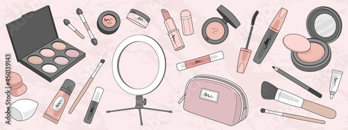 Set of make up products and brushes isolated on background. Hand drawn cosmetics set. Mascara, lipstick, eye shadows, brush, powder, lip gloss. Vector illustration