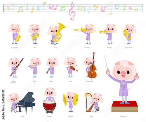 クラシック音楽演奏に関するブタの女の子のセット