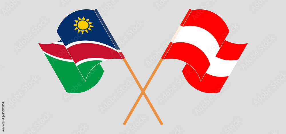 Crossed and waving flags of Namibia and Austria Crossed and waving flags of Namibia and Austria
