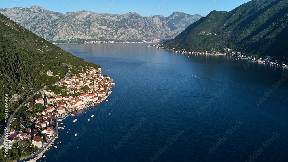Aerial view of the town of Perast and the Bay of Kotor in Montenegro.