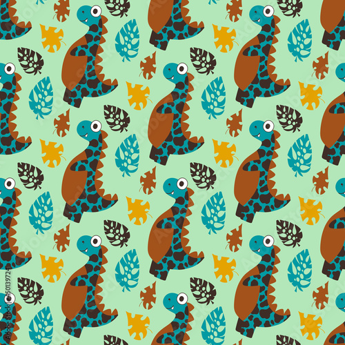 Cute tyrannosauruses and tropical leaves pattern vector. Hand-drawn happy vibrant dinos in a wild tropical forest. Perfect for kids apparel, pillows and more photo