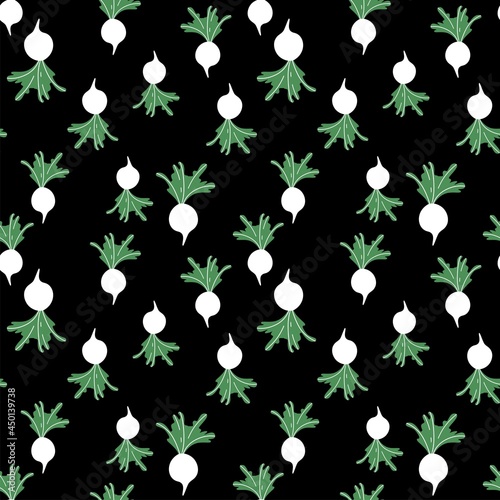 White daikon radish with green leaves on black seamless pattern vector. Hand-drawn irregular pattern with stylized white root vegetables and tops. Perfect for wrapping, pillows, clothes, etc