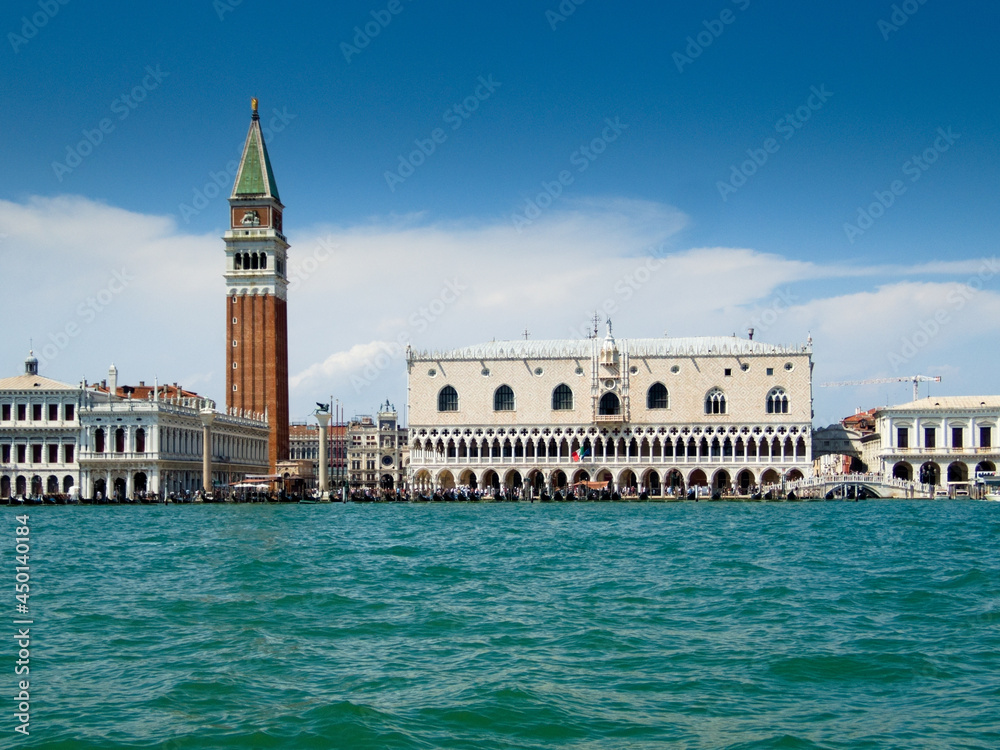 Venice: view of San Marco square and bell tower from Giudecca's canal sailing on a boat
