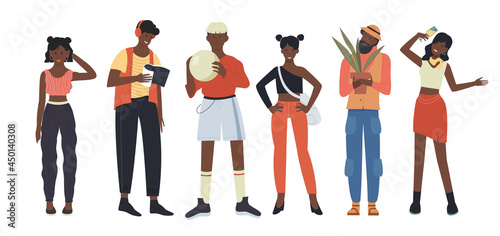 African people community, character in casual clothes standing set vector illustration. Cartoon young stylish woman in jeans, gardener holding houseplant in pot, girl with wine glass isolated on white © Flash Vector