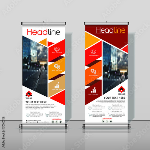 Red, Orange Roll up Business Banner Design Vertical Template Vector, Cover Abstract Modern X-Banner, Rectangle Size.