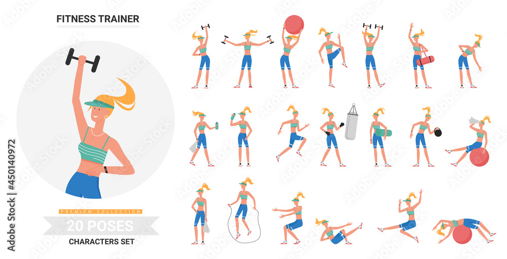 Fitness trainer woman gym workout poses infographic vector illustration set. Cartoon flat female coach instructor character doing gymnastics, sport exercises with kettlebell, dumbbell