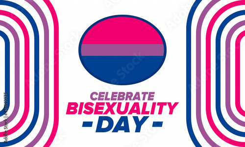 Celebrate Bisexuality Day. Bisexual Pride and Bi Visibility Day. Bisexual flag. Coming out. Celebrated annual in September 23. Festival and parade. Poster, card, banner, template, background. Vector