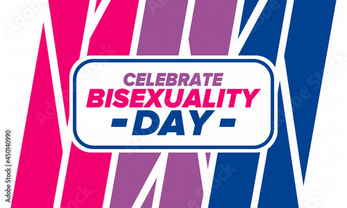 Celebrate Bisexuality Day. Bisexual Pride and Bi Visibility Day. Bisexual flag. Coming out. Celebrated annual in September 23. Festival and parade. Poster, card, banner, template, background. Vector