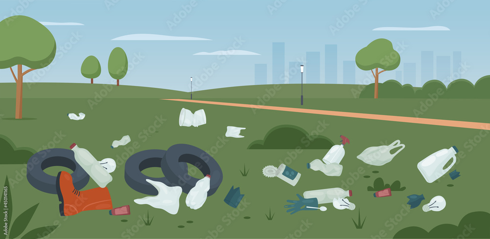 Waste trash garbage in dirty city park vector illustration. Cartoon stink heap of tire, plastic bag and bottles, rubbish from bin in polluted green summer grass of nature landscape background