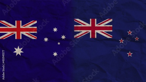 New Zealand and Australia Flags Together, Crumpled Paper Effect Background 3D Illustration