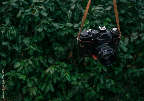 Male hand holding a vintage film camera in the air. Green nature in the background.
