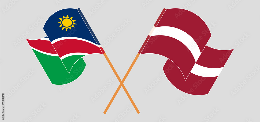 Crossed and waving flags of Namibia and Latvia Crossed and waving flags of Namibia and Latvia