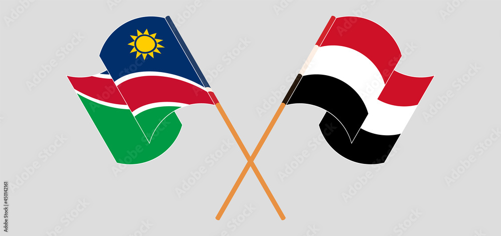 Crossed and waving flags of Namibia and Yemen Crossed and waving flags of Namibia and Yemen