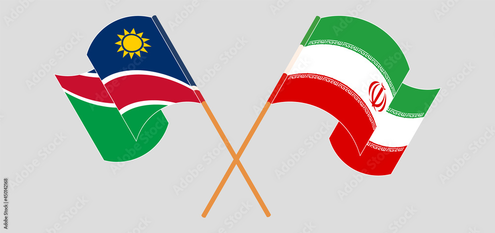 Crossed and waving flags of Namibia and Iran Crossed and waving flags of Namibia and Iran