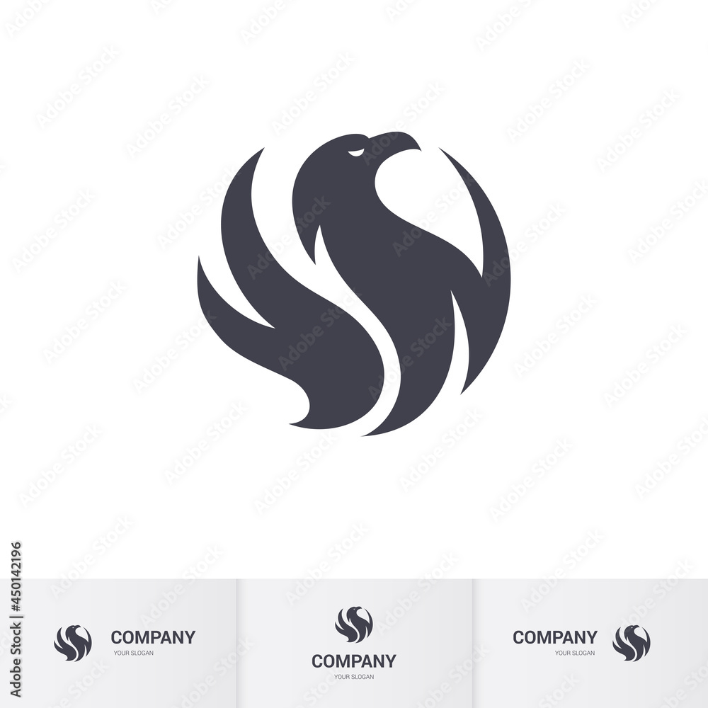 Obraz premium Flat Illustration of Stylized Monochrome Flaming Phoenix or Falcon, Eagle Bird. Modern Professional Hawk Logo Design. Phoenix Head Logo Illustration on White Background