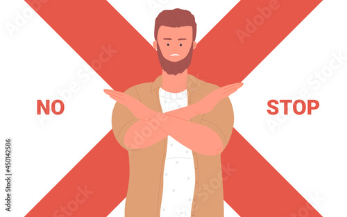 Man with no stop gesture simple concept vector illustration. Cartoon young male standing with red cross, character warning, showing denial negative gesture with hands background