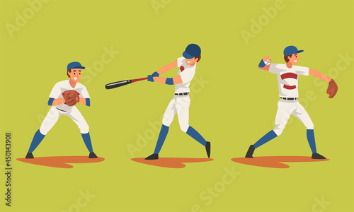 Baseball Player on Green Sport Field Playing Bat-and-ball Game Vector Set
